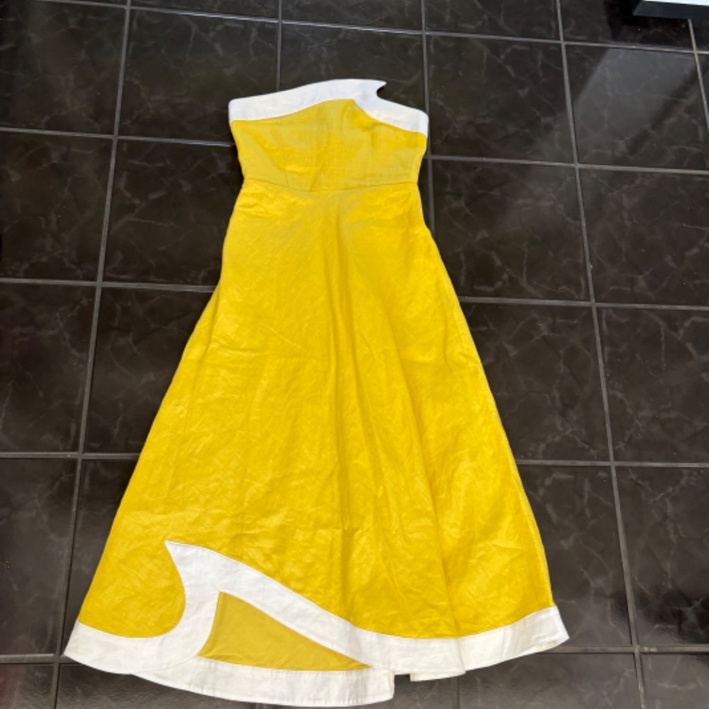 STAUD detail strapless linen Dress yellow and white NEW WITH TAGS!! Size 4 - Picture 2 of 7